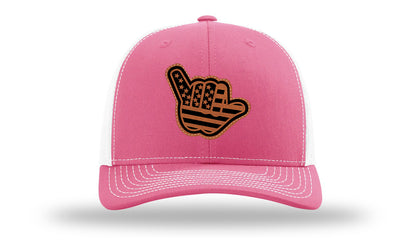 Shaka American Flag Leather Patch Richardson 112 Hat-Hot Pink / White