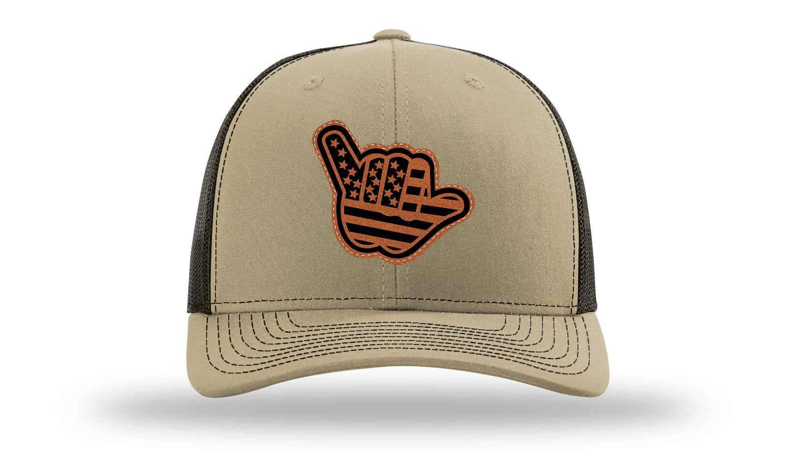 Shaka American Flag Leather Patch Richardson 112 Hat-Khaki / Coffee