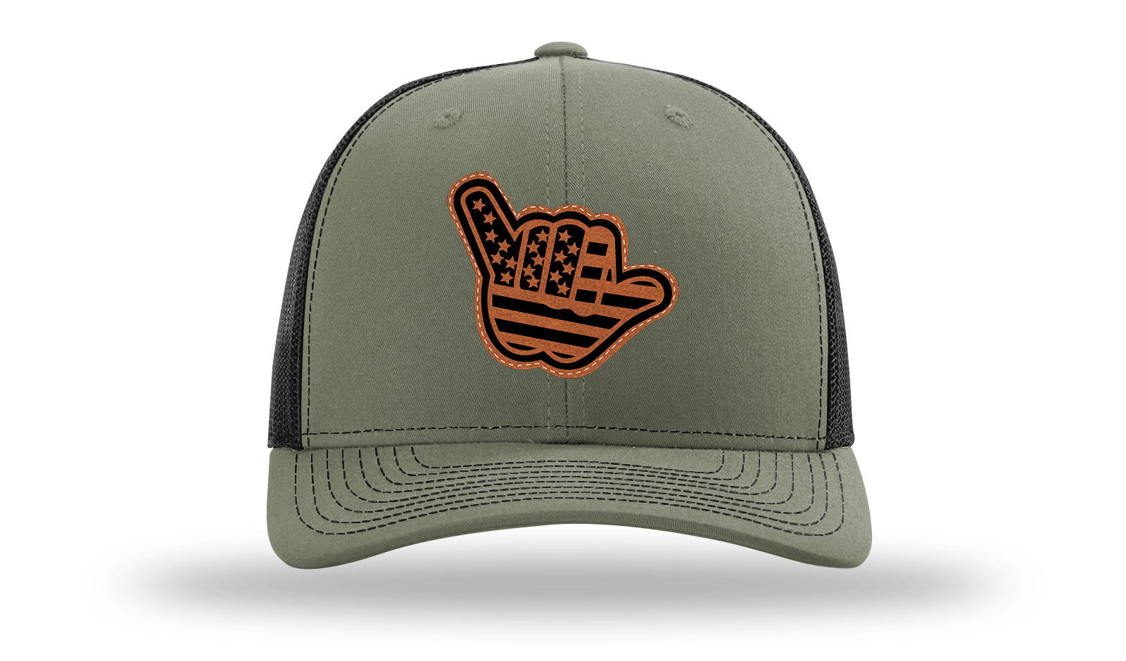 Shaka American Flag Leather Patch Richardson 112 Hat-Loden / Black