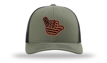 Shaka American Flag Leather Patch Richardson 112 Hat-Loden / Black