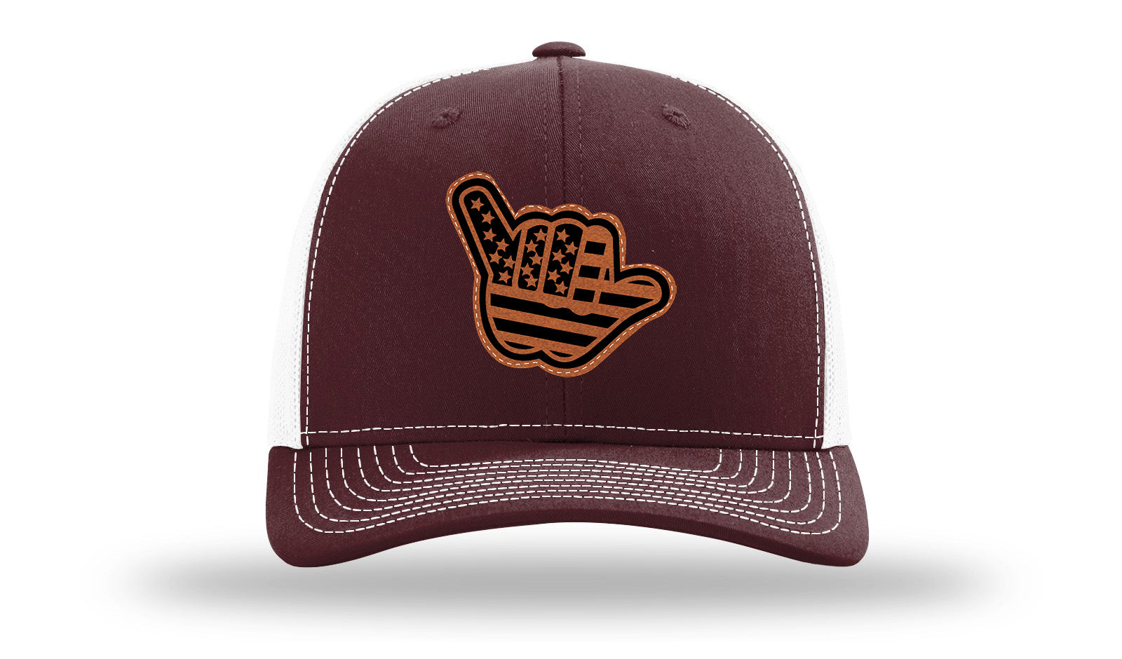 Shaka American Flag Leather Patch Richardson 112 Hat-Maronn / White