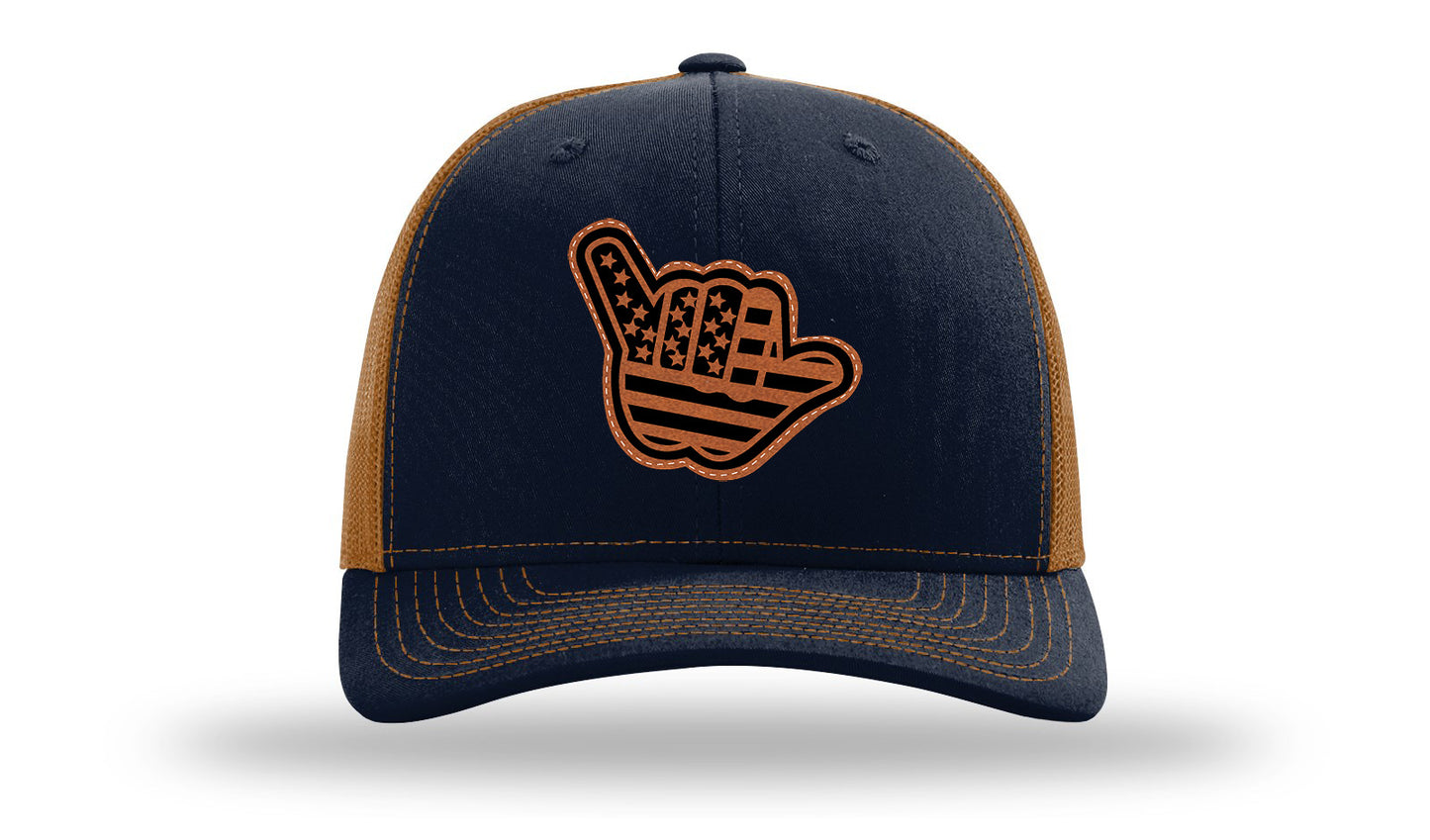 Shaka American Flag Leather Patch Richardson 112 Hat-Navy / Caramel
