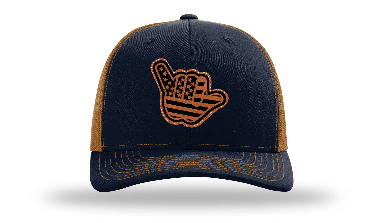 Shaka American Flag Leather Patch Richardson 112 Hat-Navy / Caramel