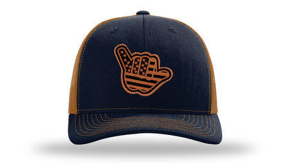 Shaka American Flag Leather Patch Richardson 112 Hat-Navy / Caramel