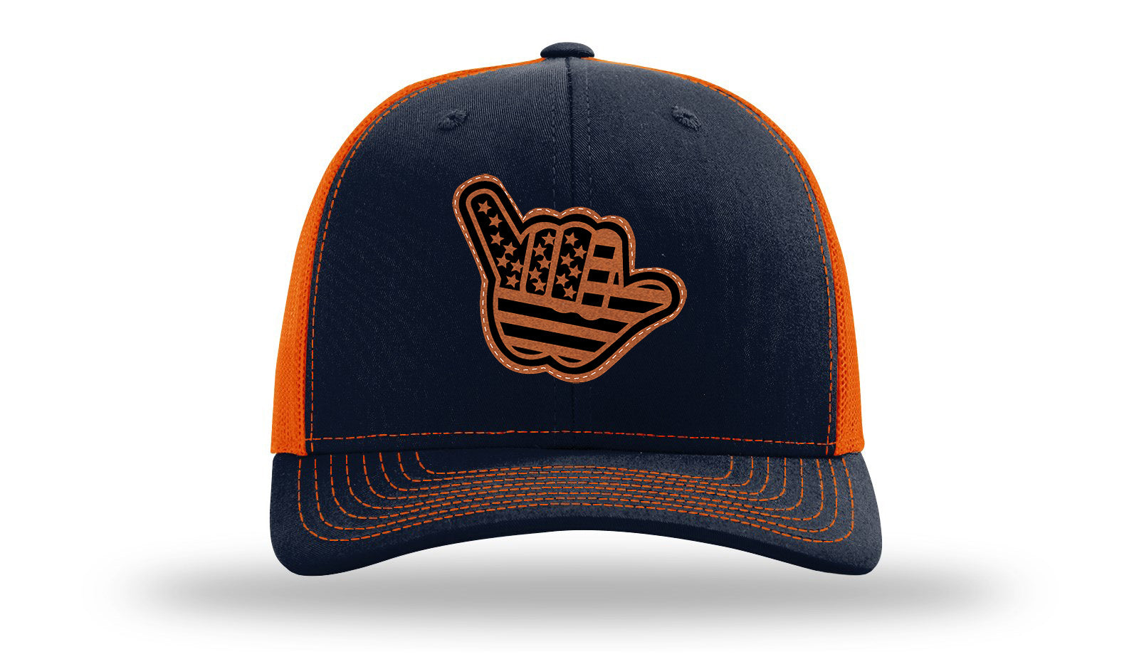 Shaka American Flag Leather Patch Richardson 112 Hat-Navy / Orange