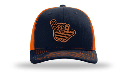 Shaka American Flag Leather Patch Richardson 112 Hat-Navy / Orange