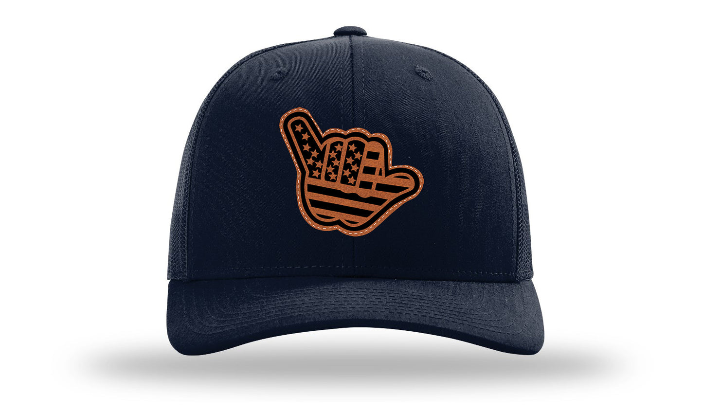 Shaka American Flag Leather Patch Richardson 112 Hat-Navy