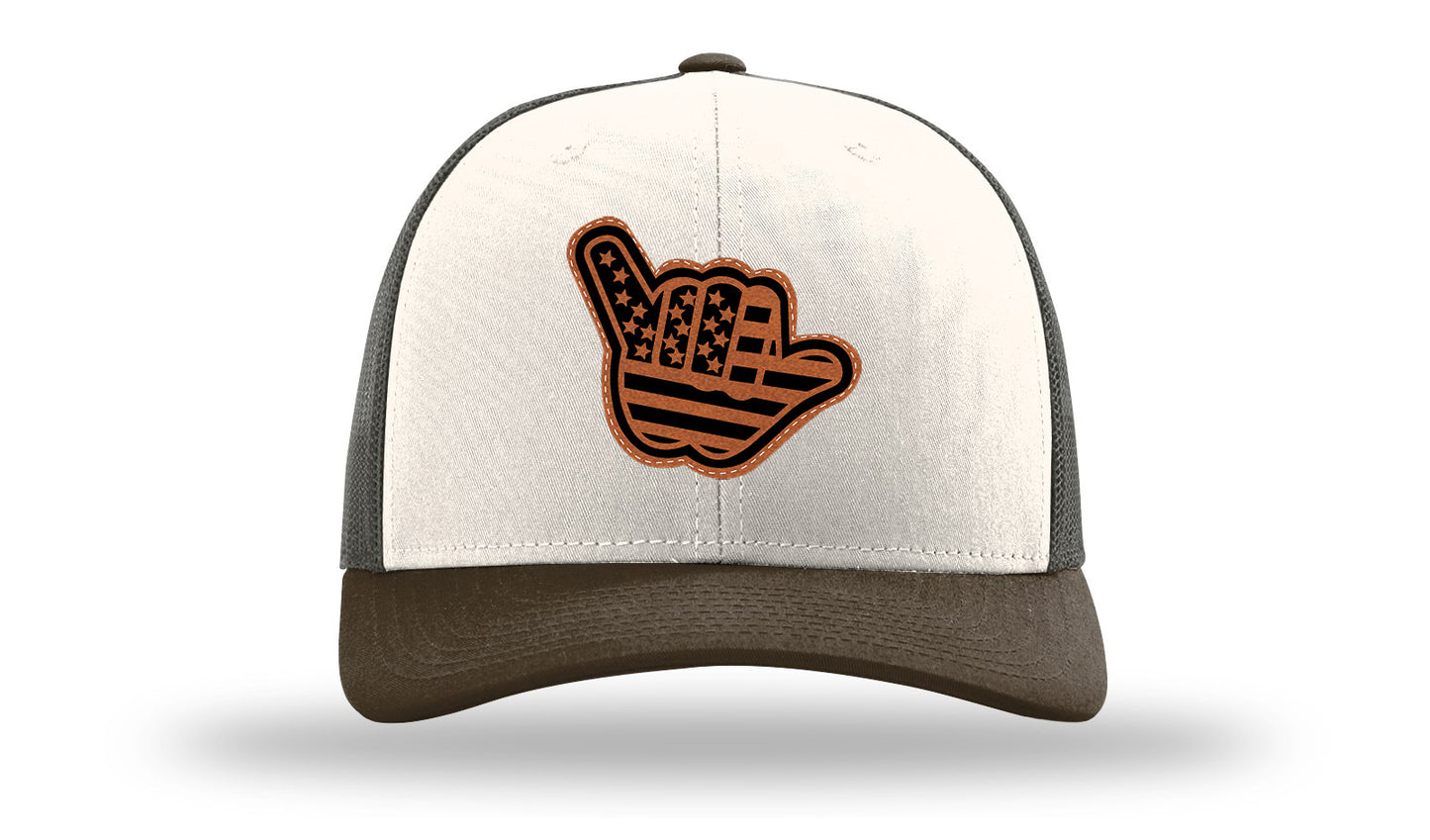 Shaka American Flag Leather Patch Richardson 112 Hat-Cream / Gray Brown / Brown