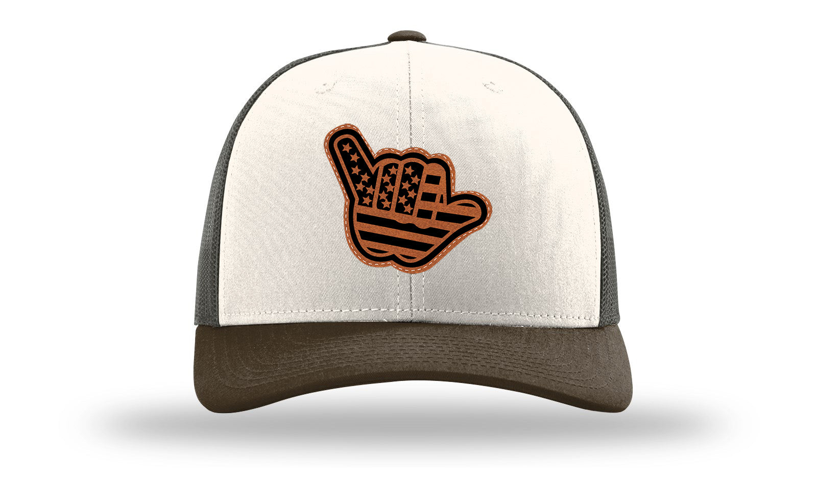 Shaka American Flag Leather Patch Richardson 112 Hat-Cream / Gray Brown / Brown