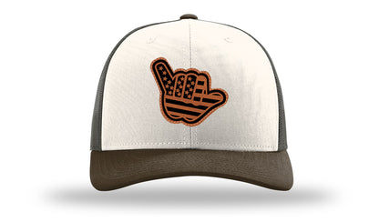 Shaka American Flag Leather Patch Richardson 112 Hat-Cream / Gray Brown / Brown