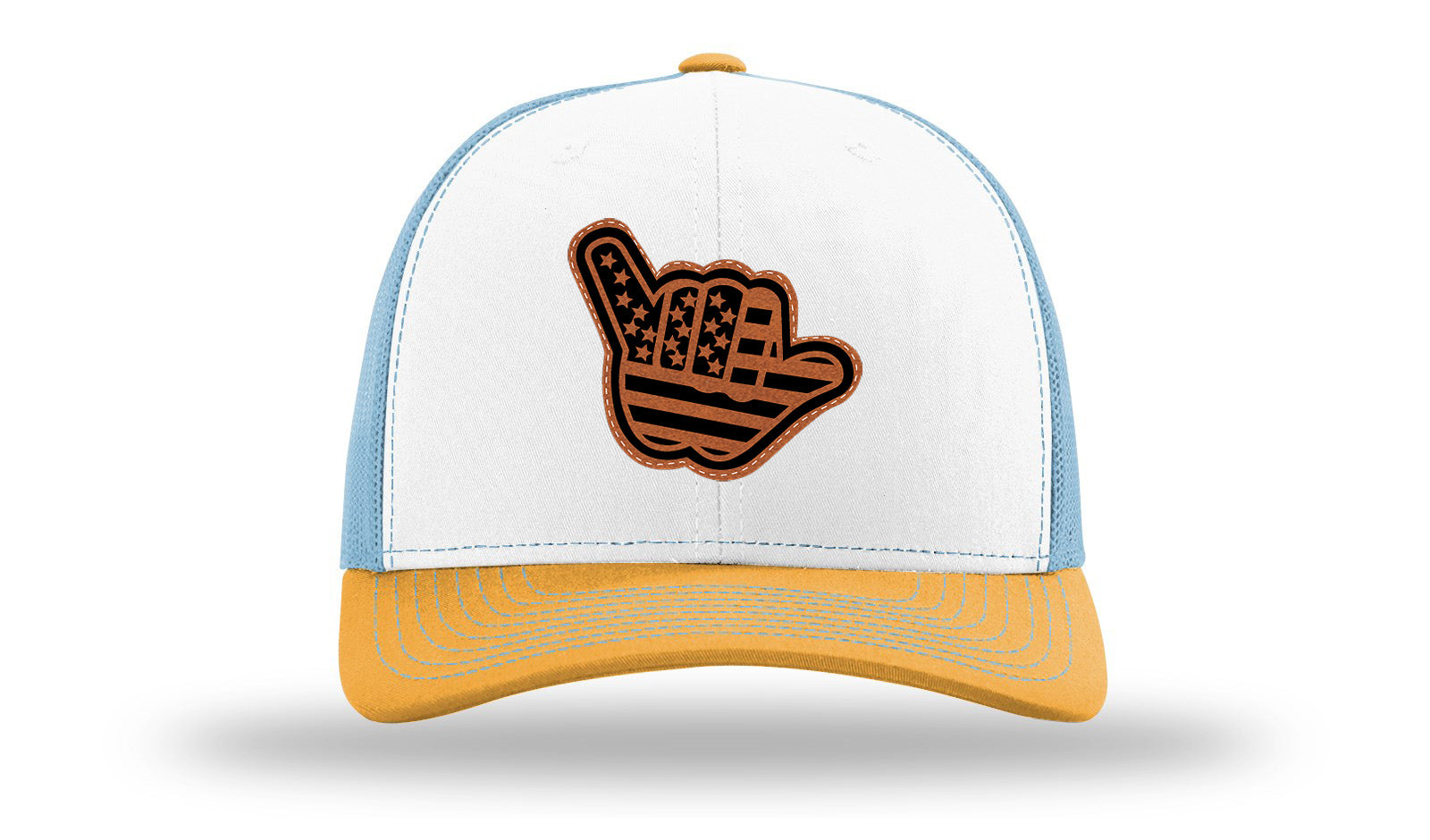 Shaka American Flag Leather Patch Richardson 112 Hat-White / Columbia Blue / Yellow