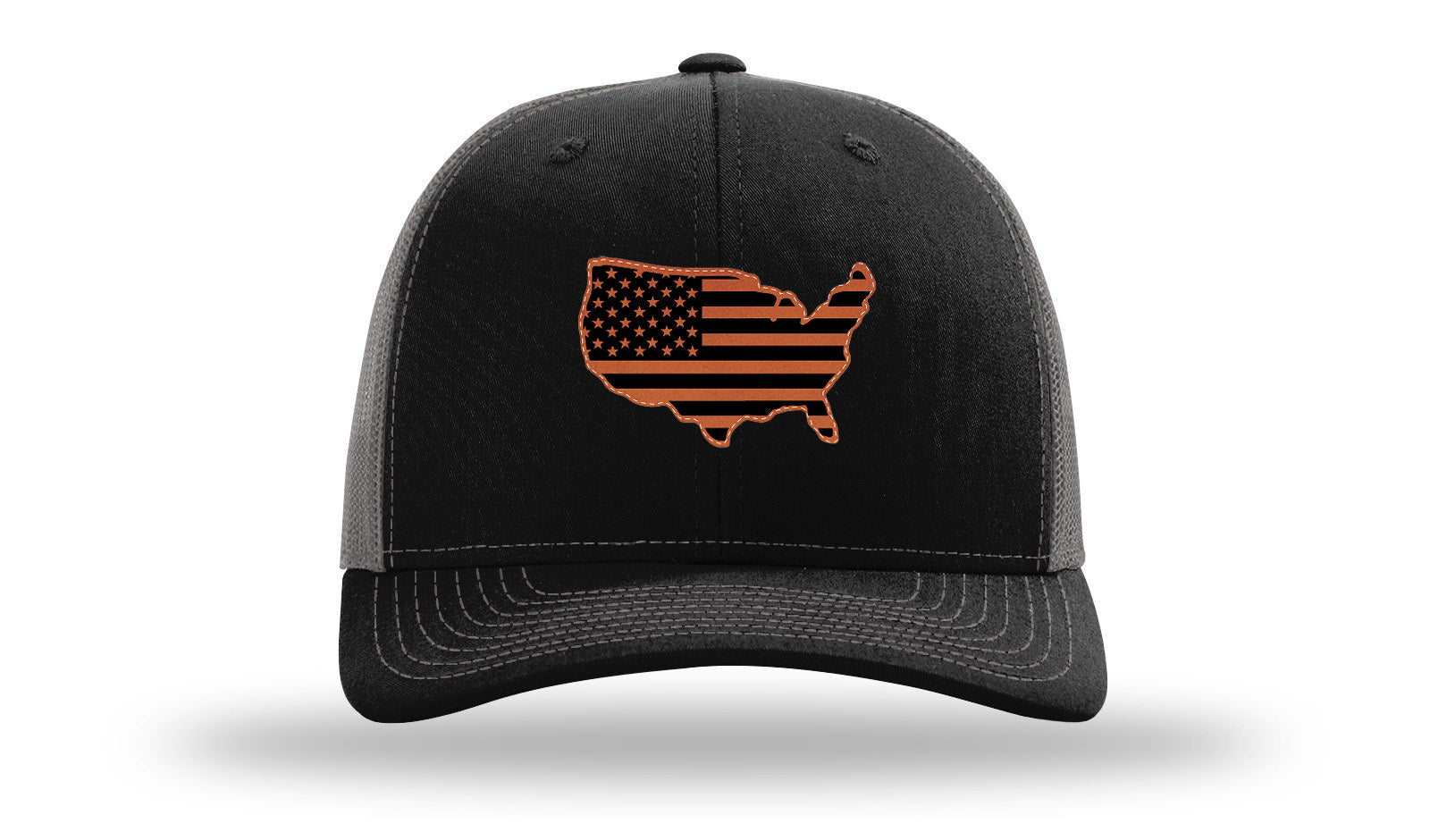 USA Flag Cutout Leather Patch Richardson 112 Hat-Black / Charcoal