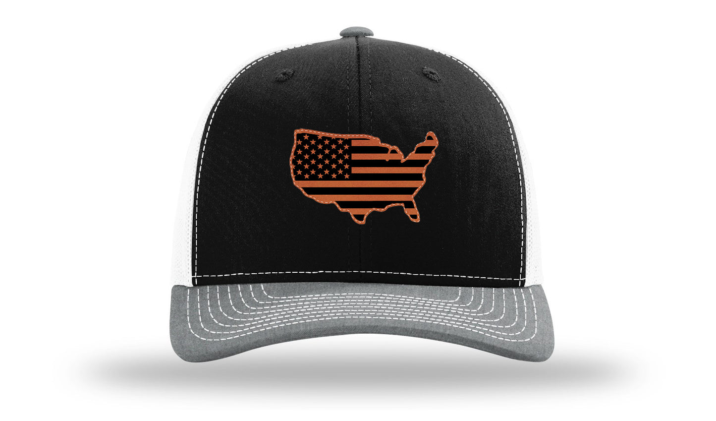 USA Flag Cutout Leather Patch Richardson 112 Hat-Black / White / Heather Grey