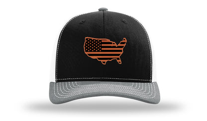 USA Flag Cutout Leather Patch Richardson 112 Hat-Black / White / Heather Grey