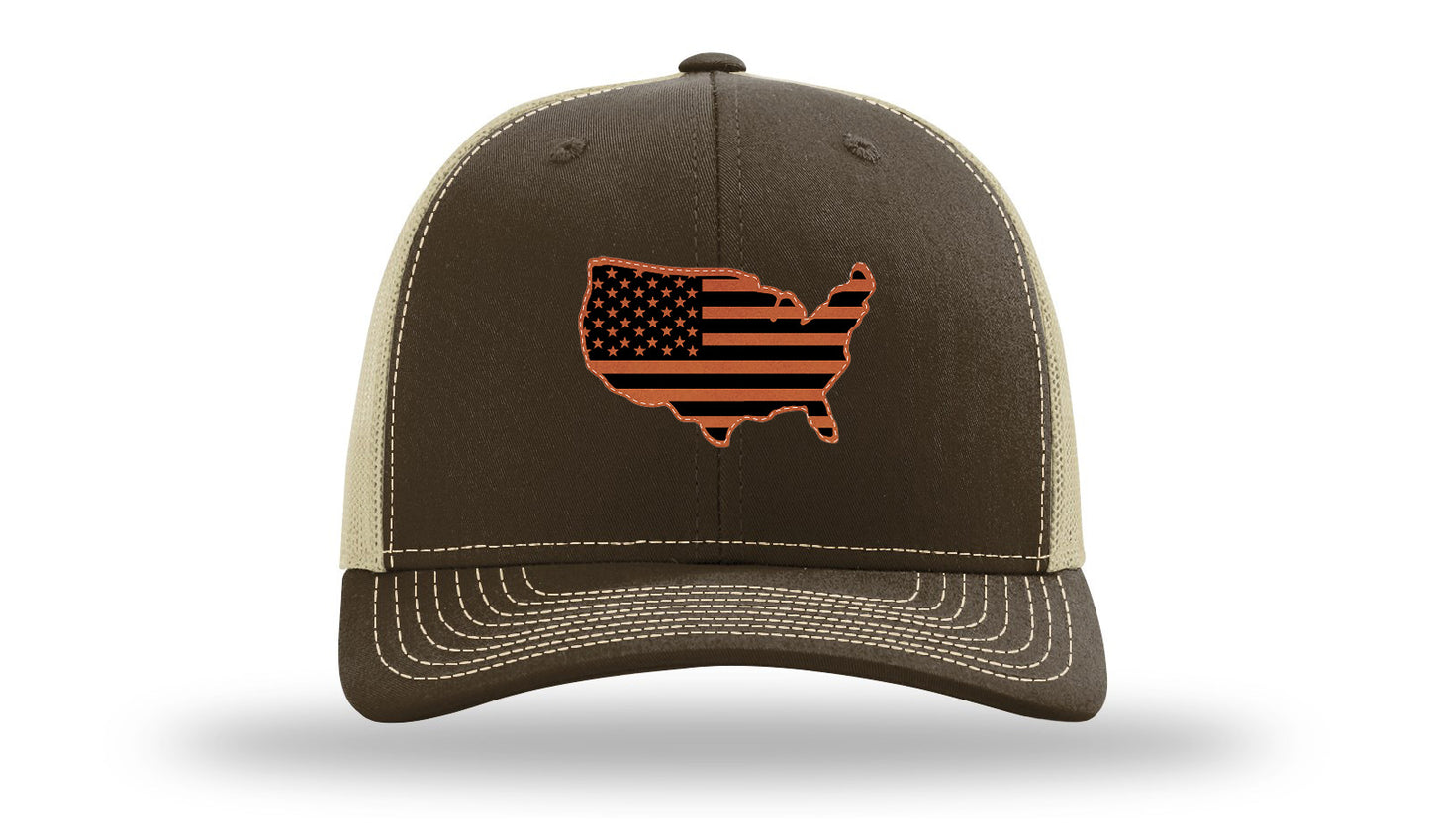 USA Flag Cutout Leather Patch Richardson 112 Hat-Brown / Khaki