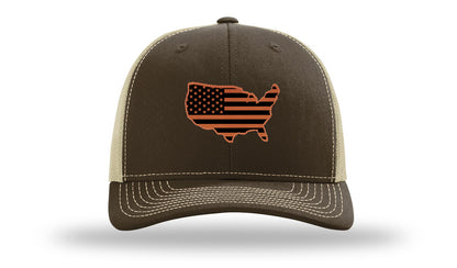 USA Flag Cutout Leather Patch Richardson 112 Hat-Brown / Khaki