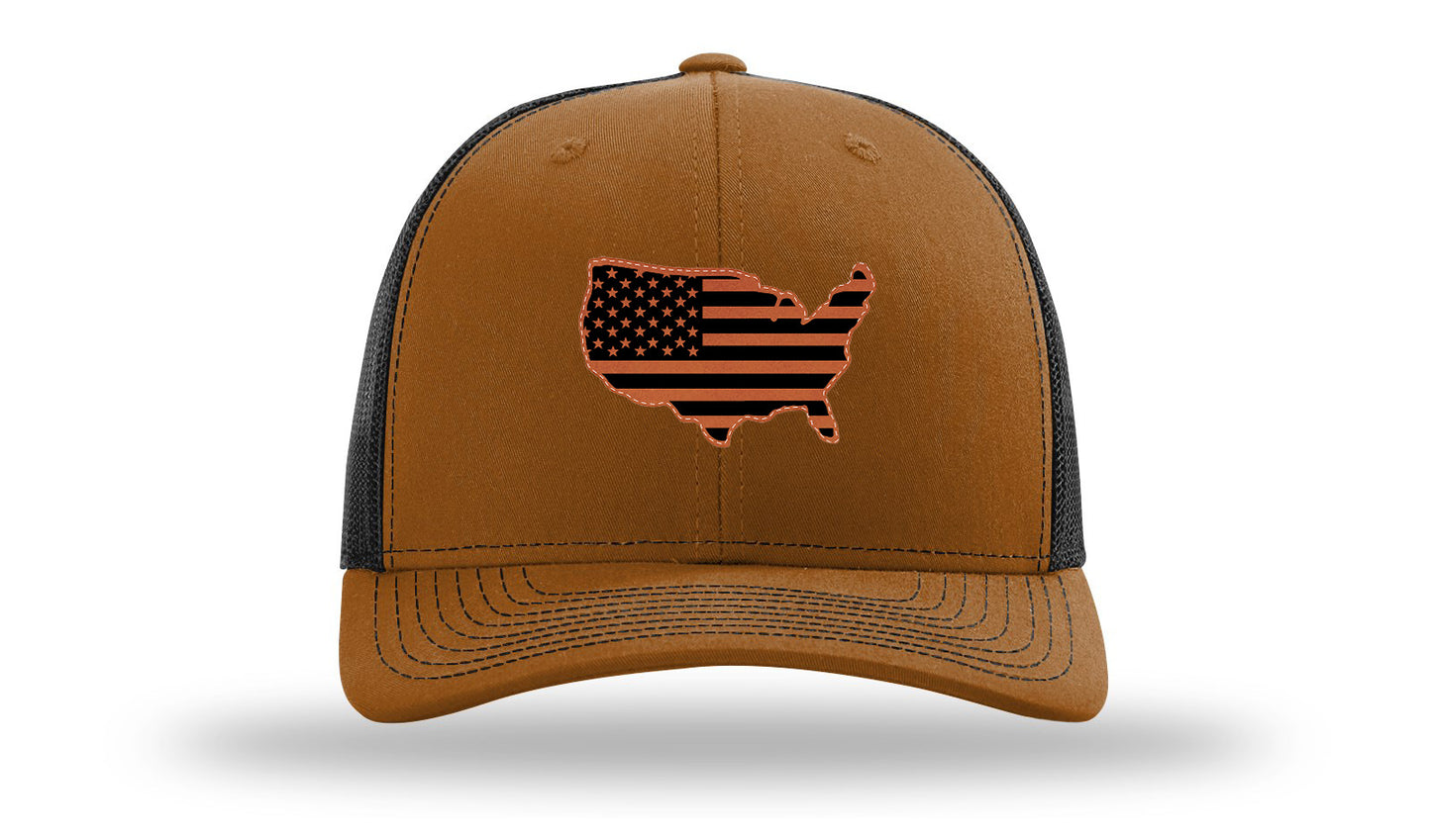 USA Flag Cutout Leather Patch Richardson 112 Hat-Caramel / Black