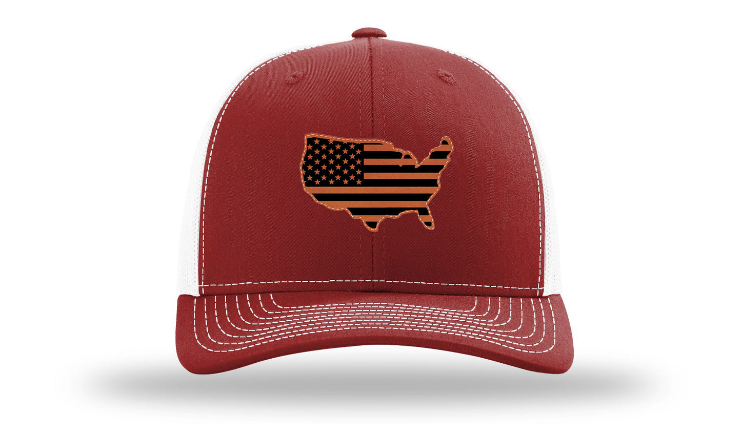 USA Flag Cutout Leather Patch Richardson 112 Hat-Cardinal / White
