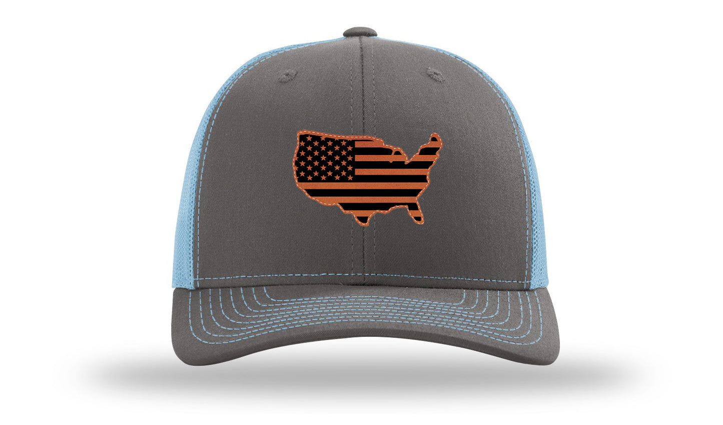 USA Flag Cutout Leather Patch Richardson 112 Hat-Charcoal / Columbia Blue
