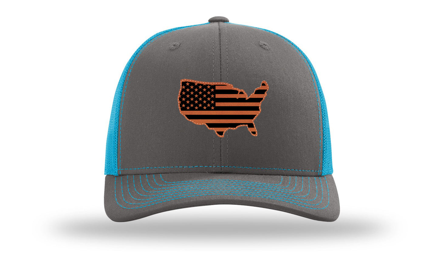 USA Flag Cutout Leather Patch Richardson 112 Hat-Charcoal / Neon Blue