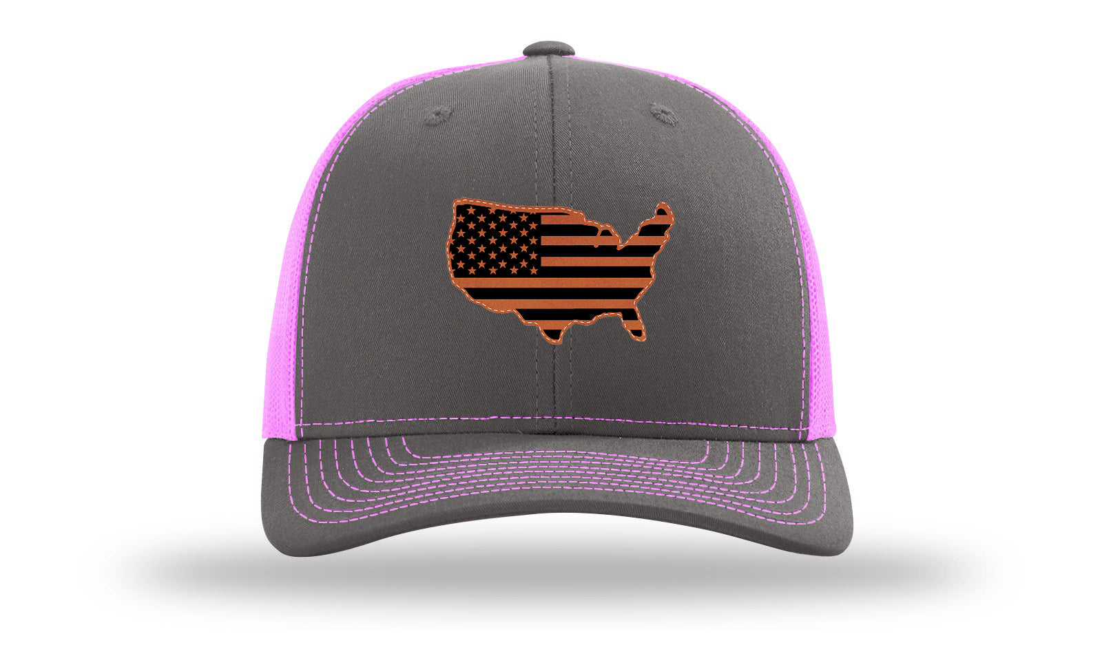 USA Flag Cutout Leather Patch Richardson 112 Hat-Charcoal / Neon Pink