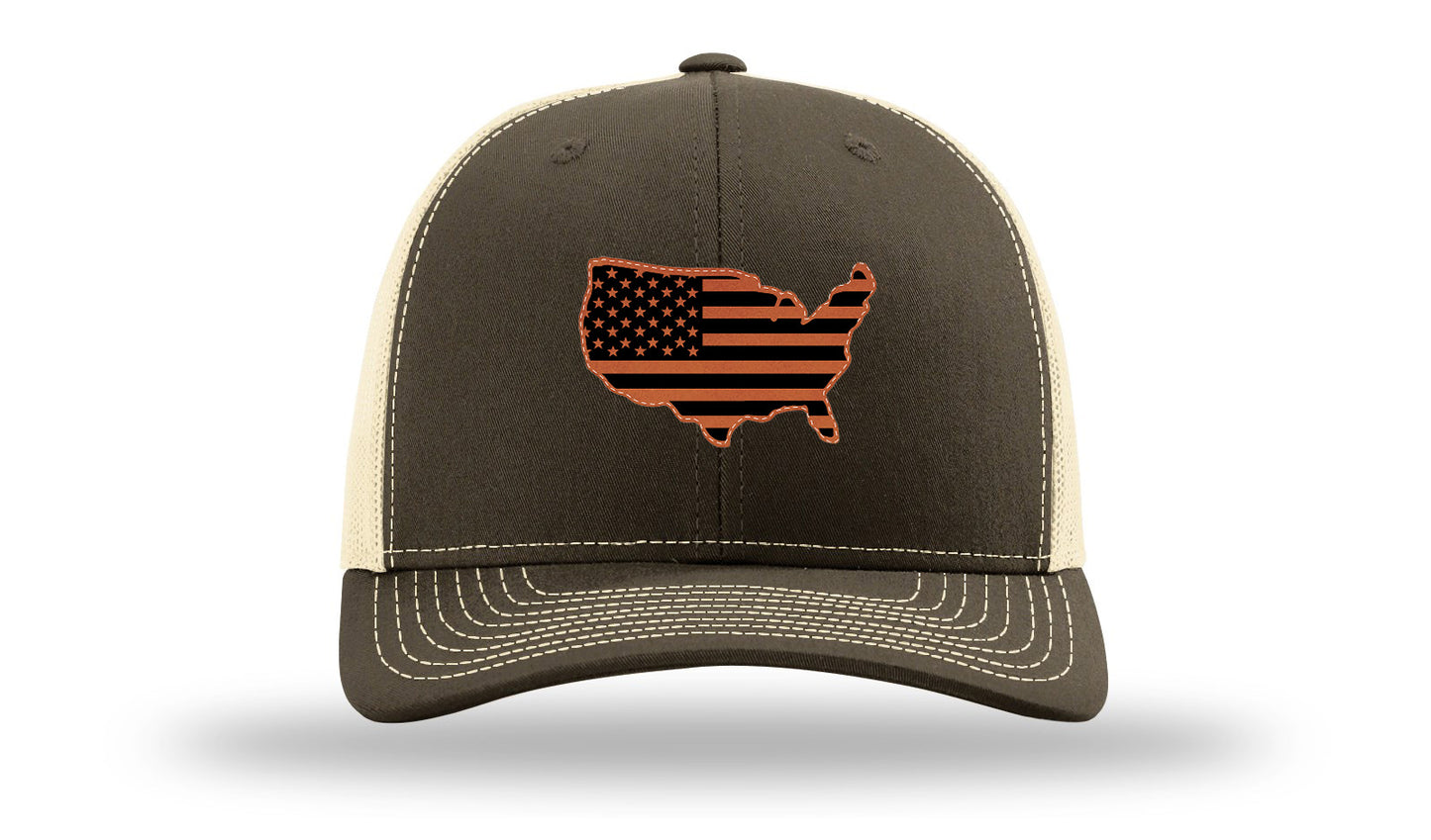 USA Flag Cutout Leather Patch Richardson 112 Hat-Chocolate Chip/  Birch