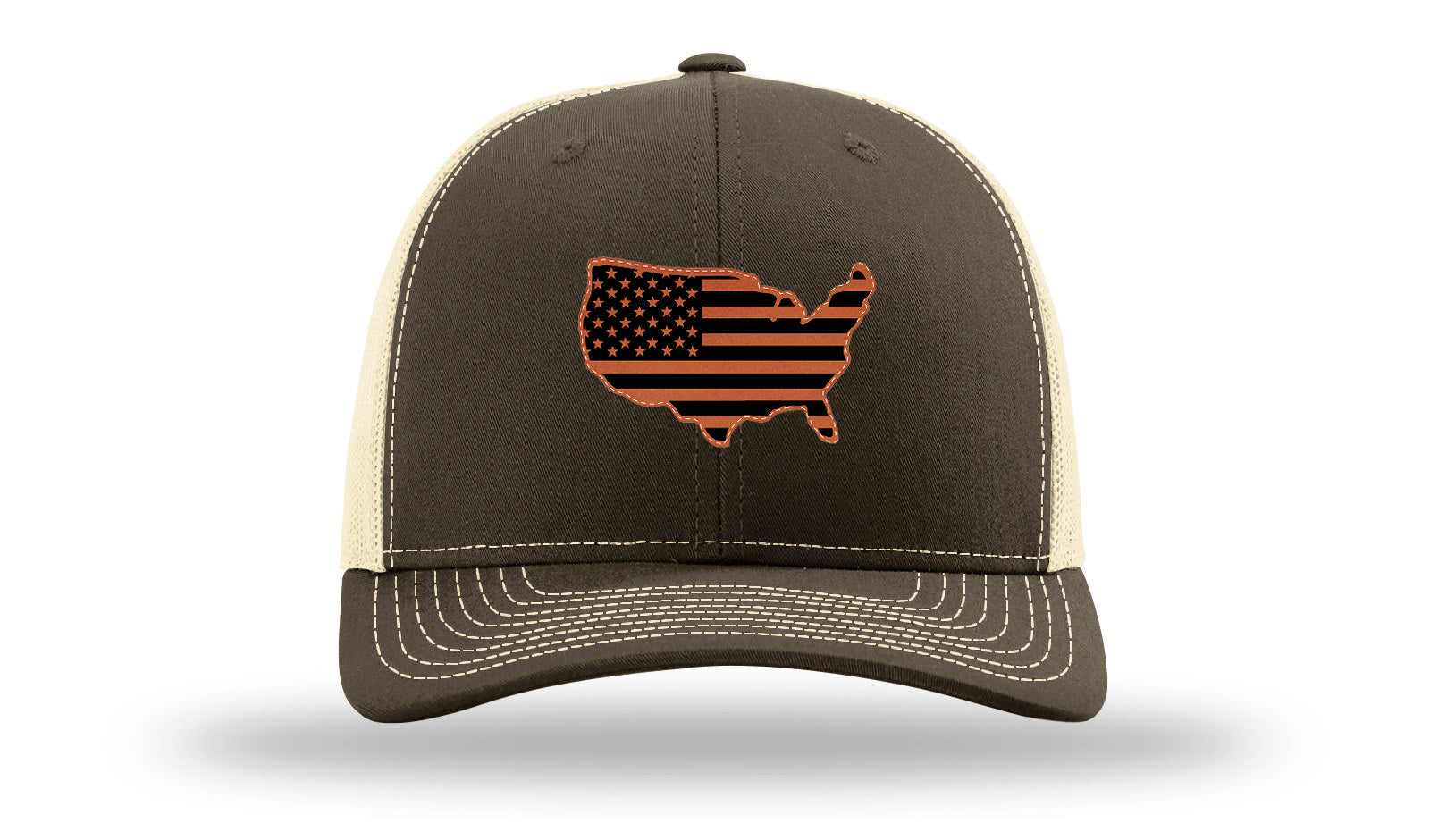 USA Flag Cutout Leather Patch Richardson 112 Hat-Chocolate Chip/  Birch