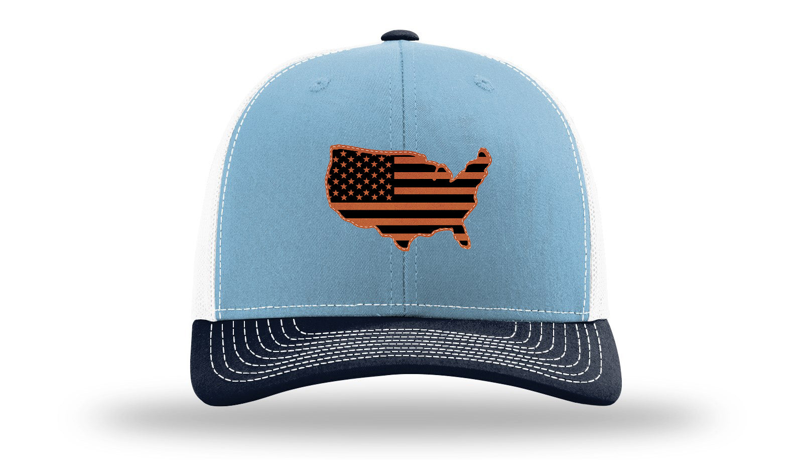 USA Flag Cutout Leather Patch Richardson 112 Hat-Columbia Blue / White / Navy