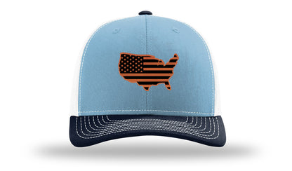 USA Flag Cutout Leather Patch Richardson 112 Hat-Columbia Blue / White / Navy