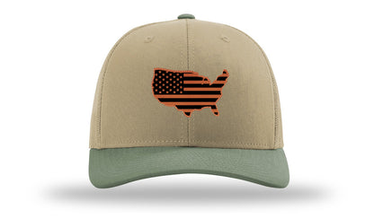 USA Flag Cutout Leather Patch Richardson 112 Hat-Khaki / Loden - CMB