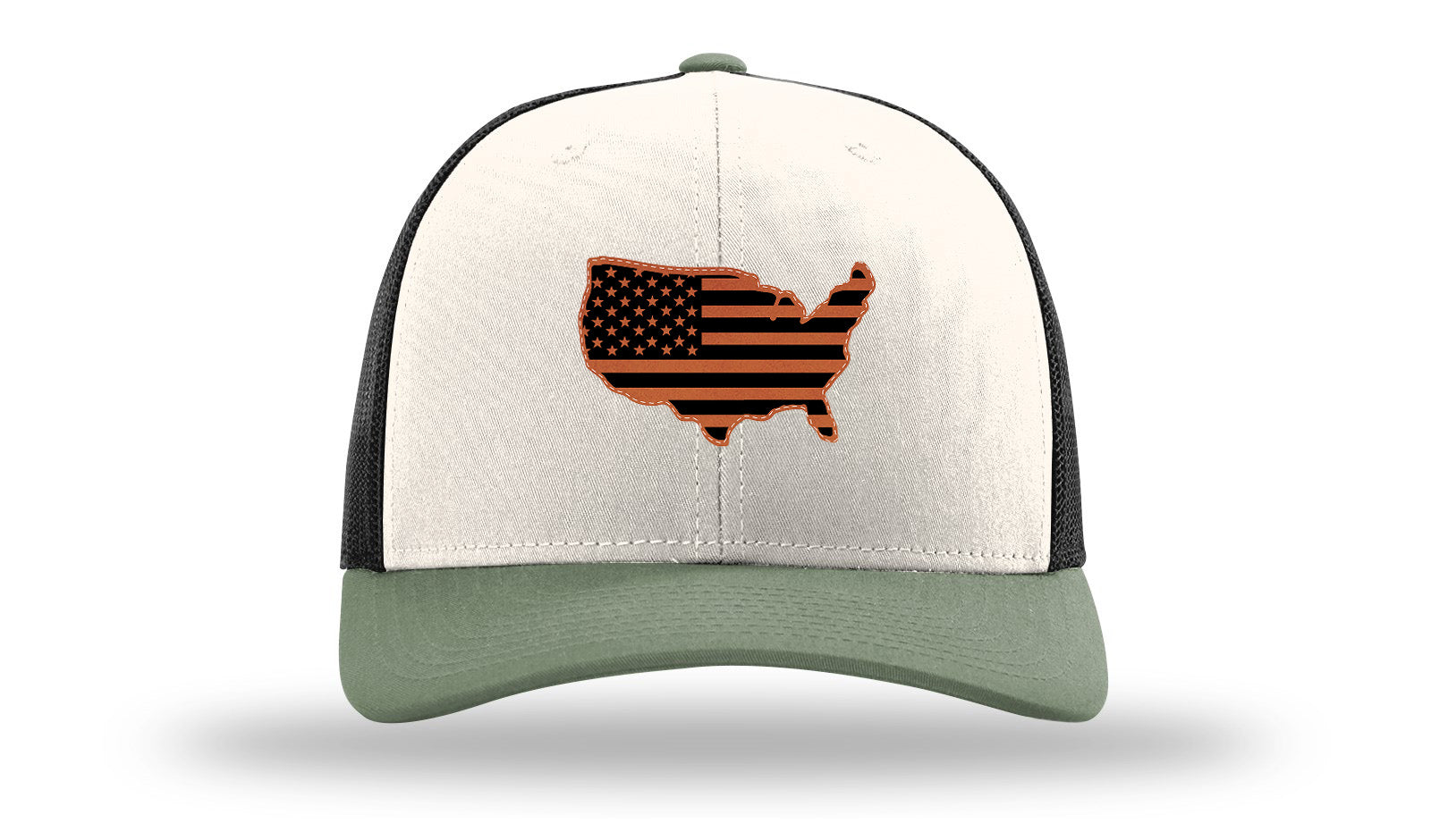 USA Flag Cutout Leather Patch Richardson 112 Hat-Cream / Black / Loden