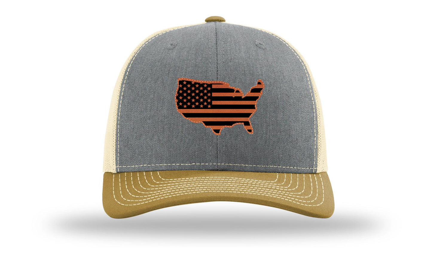 USA Flag Cutout Leather Patch Richardson 112 Hat-Heather Grey / Birch / Amber Gold