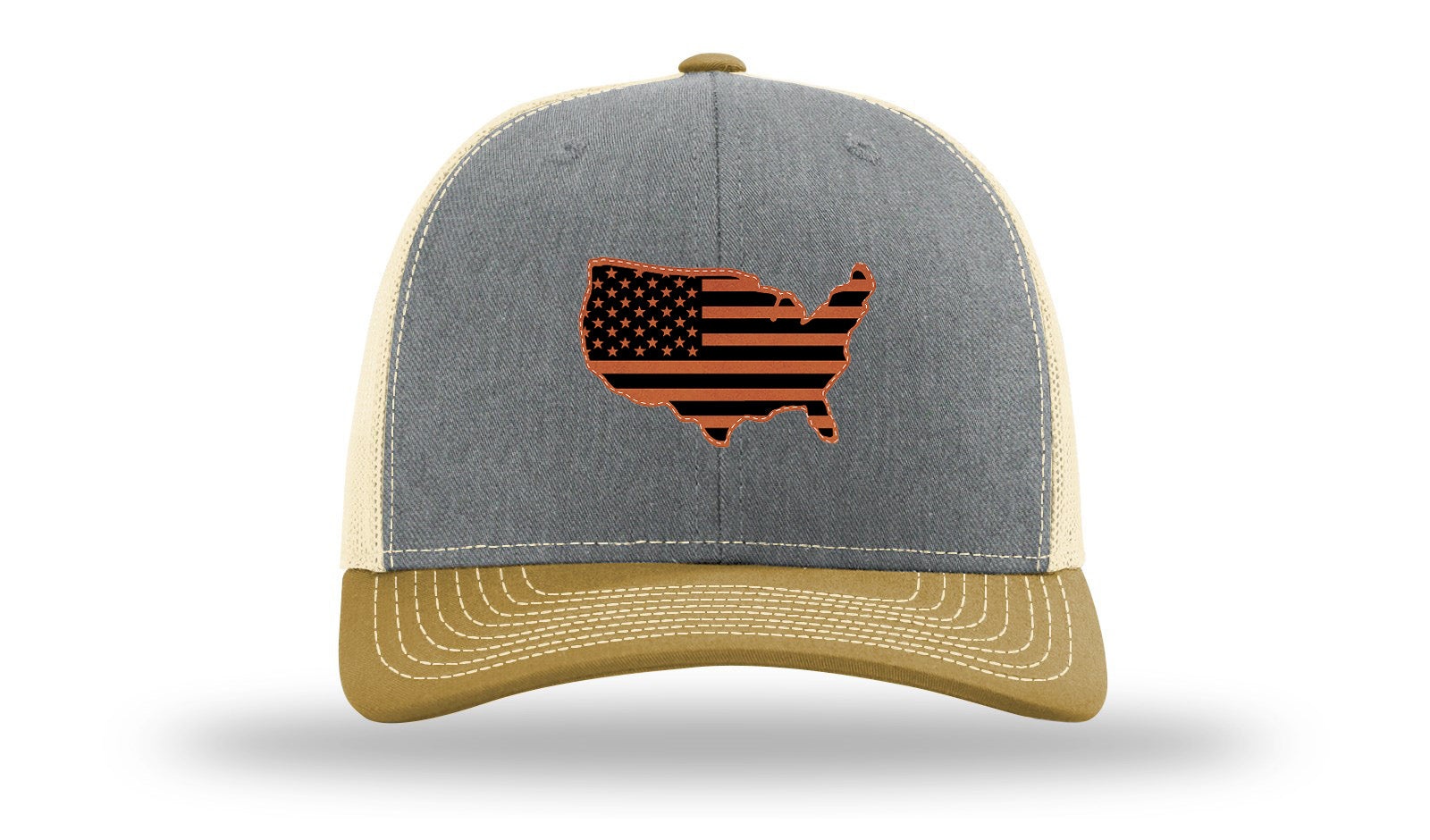 USA Flag Cutout Leather Patch Richardson 112 Hat-Heather Grey / Birch / Amber Gold