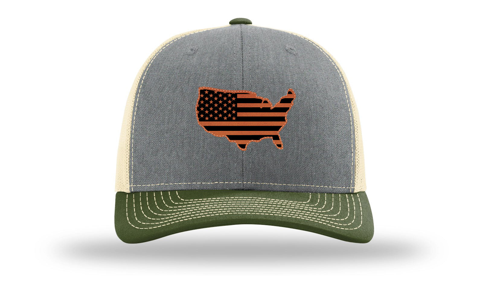 USA Flag Cutout Leather Patch Richardson 112 Hat-Heather Grey / Birch / Army Olive
