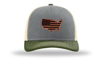USA Flag Cutout Leather Patch Richardson 112 Hat-Heather Grey / Birch / Army Olive
