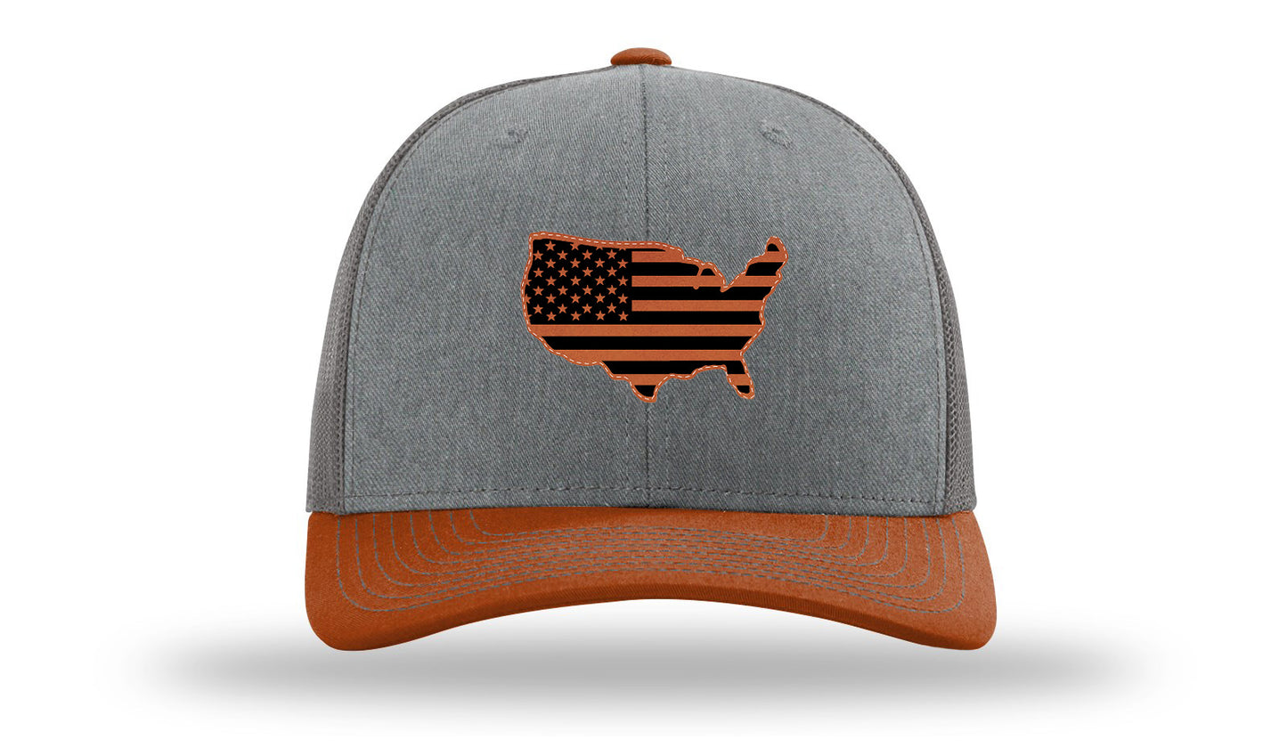 USA Flag Cutout Leather Patch Richardson 112 Hat-Heather Grey / Charcoal / Dark Orange