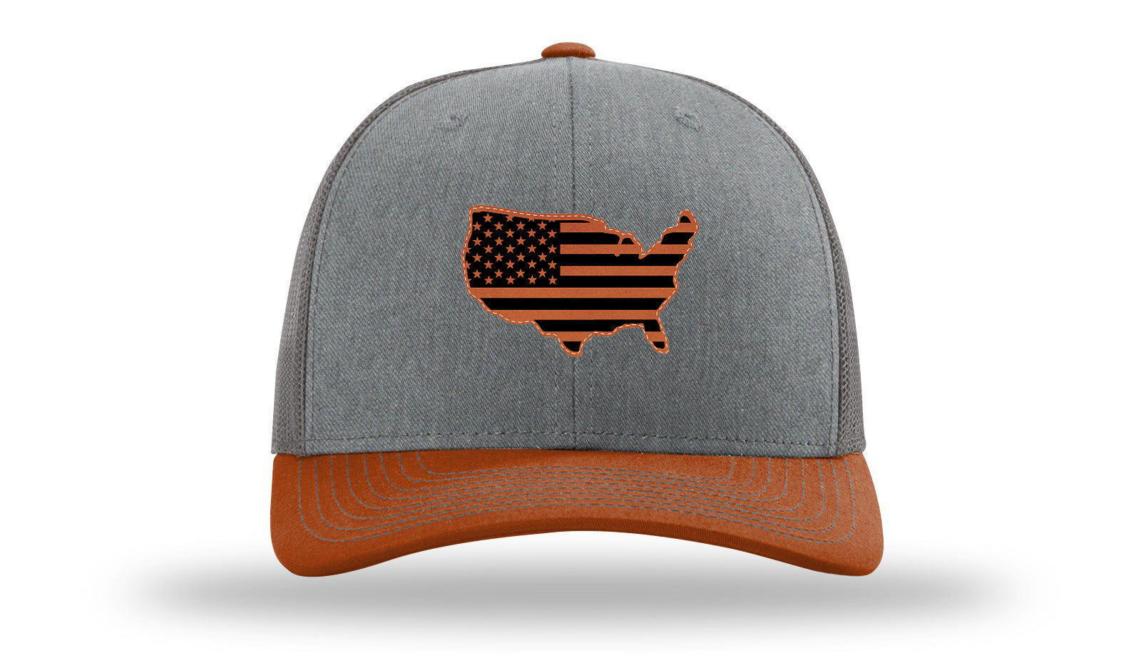 USA Flag Cutout Leather Patch Richardson 112 Hat-Heather Grey / Charcoal / Dark Orange