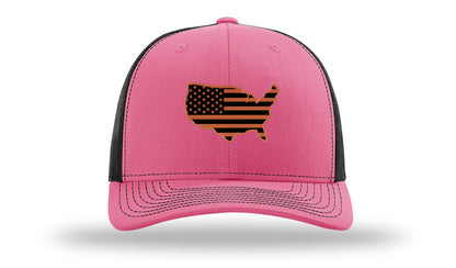 USA Flag Cutout Leather Patch Richardson 112 Hat-Hot Pink / Black