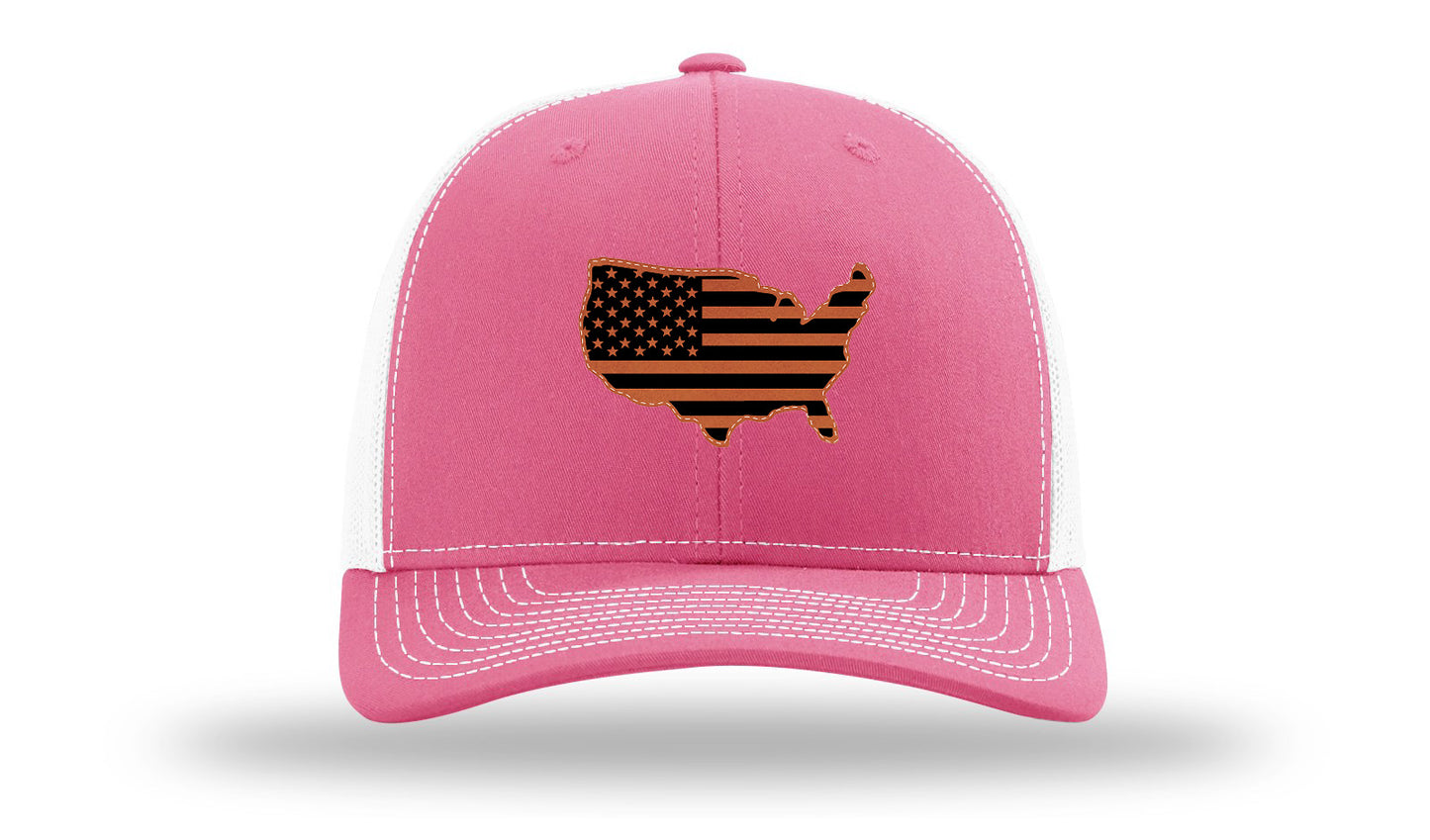 USA Flag Cutout Leather Patch Richardson 112 Hat-Hot Pink / White
