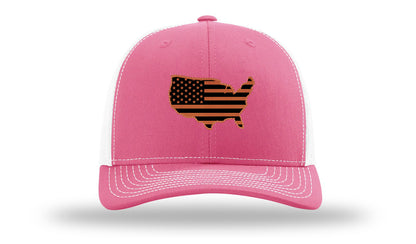 USA Flag Cutout Leather Patch Richardson 112 Hat-Hot Pink / White