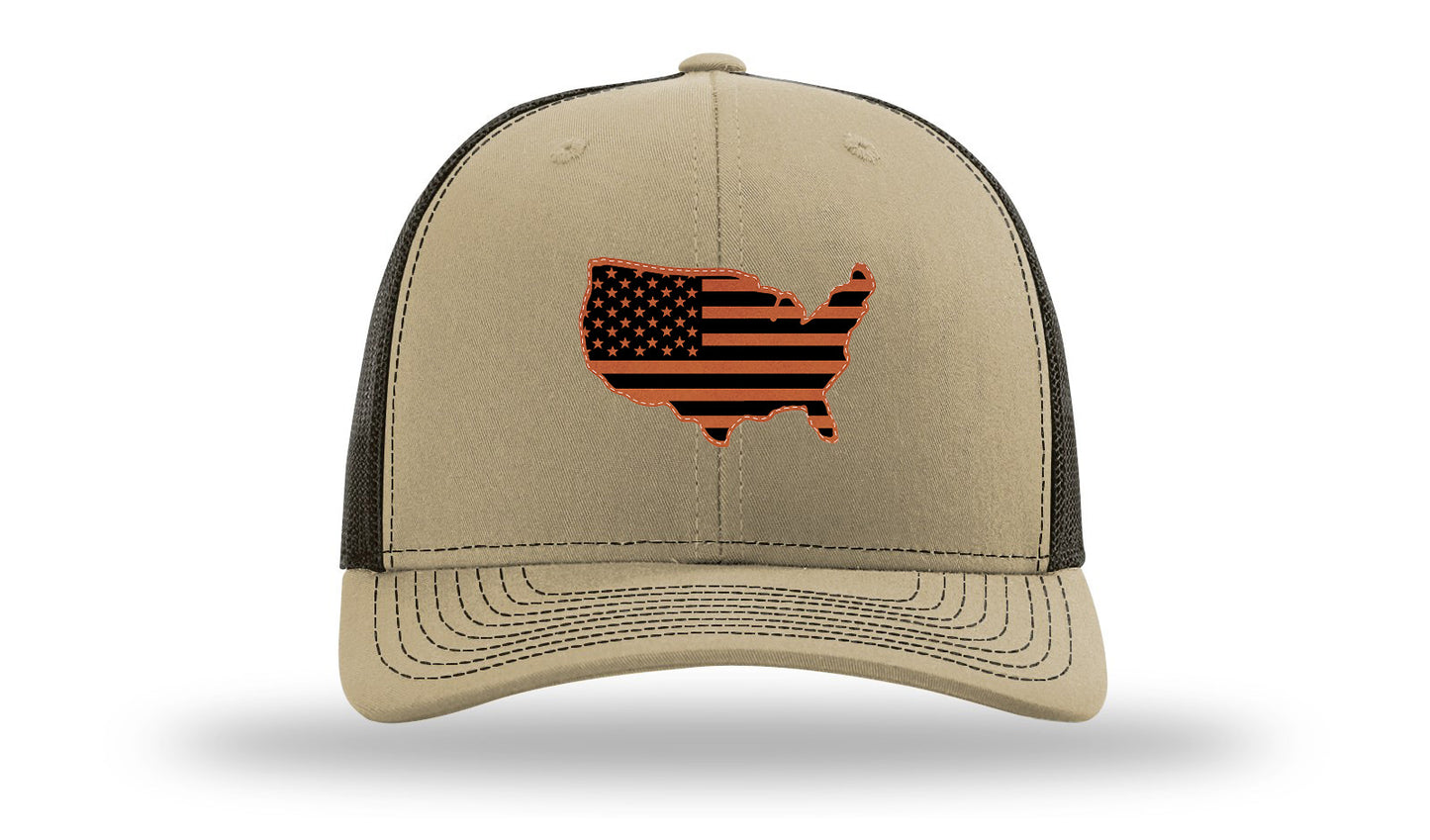 USA Flag Cutout Leather Patch Richardson 112 Hat-Khaki / Coffee