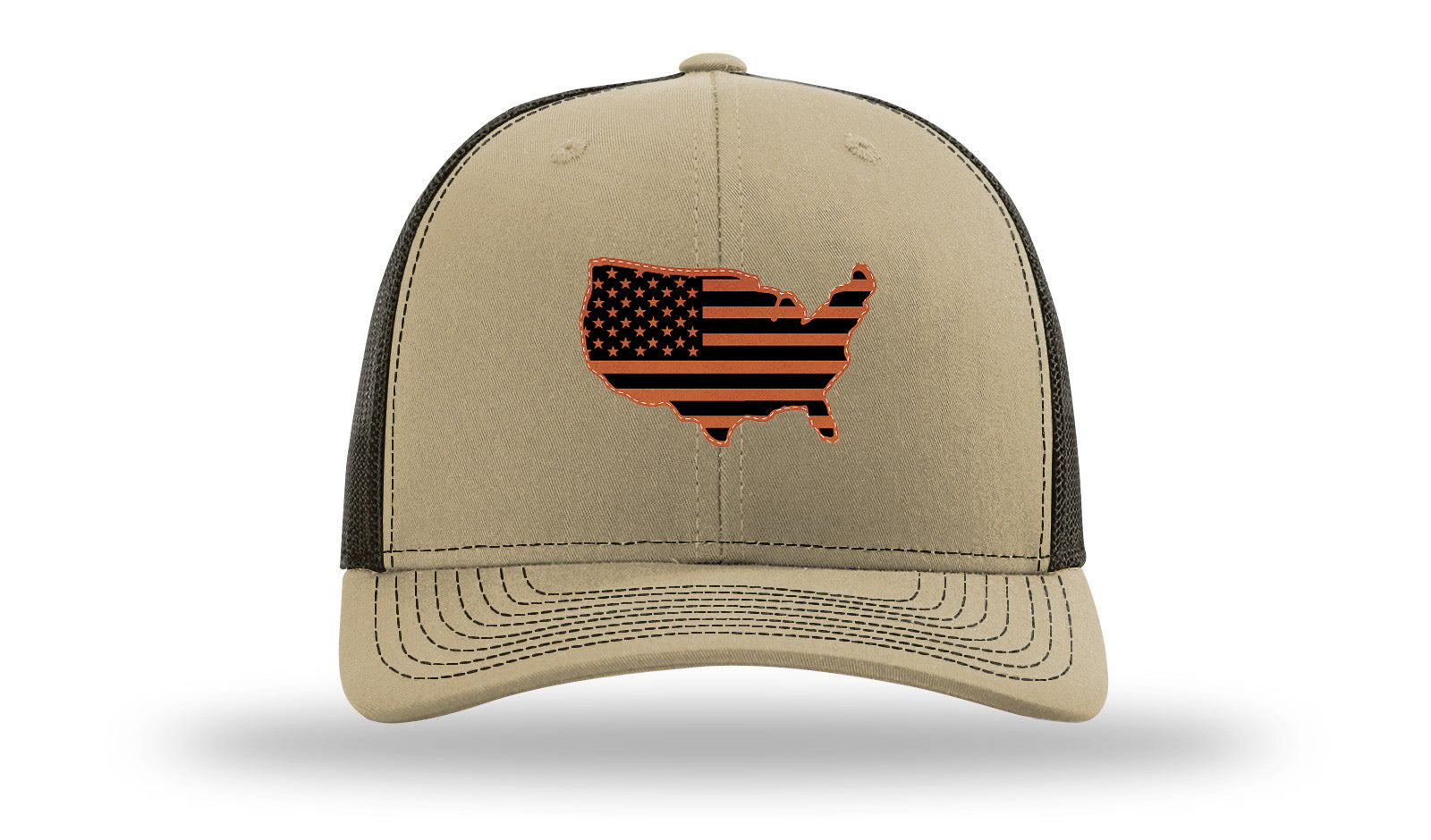 USA Flag Cutout Leather Patch Richardson 112 Hat-Khaki / Coffee