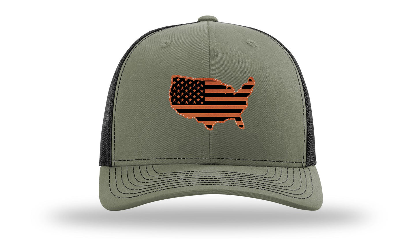USA Flag Cutout Leather Patch Richardson 112 Hat-Loden / Black