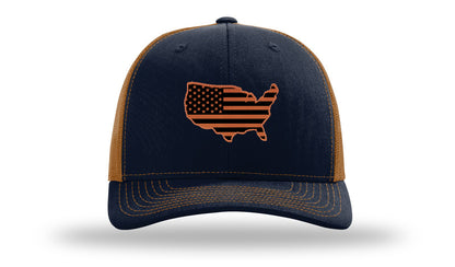 USA Flag Cutout Leather Patch Richardson 112 Hat-Navy / Charcoal