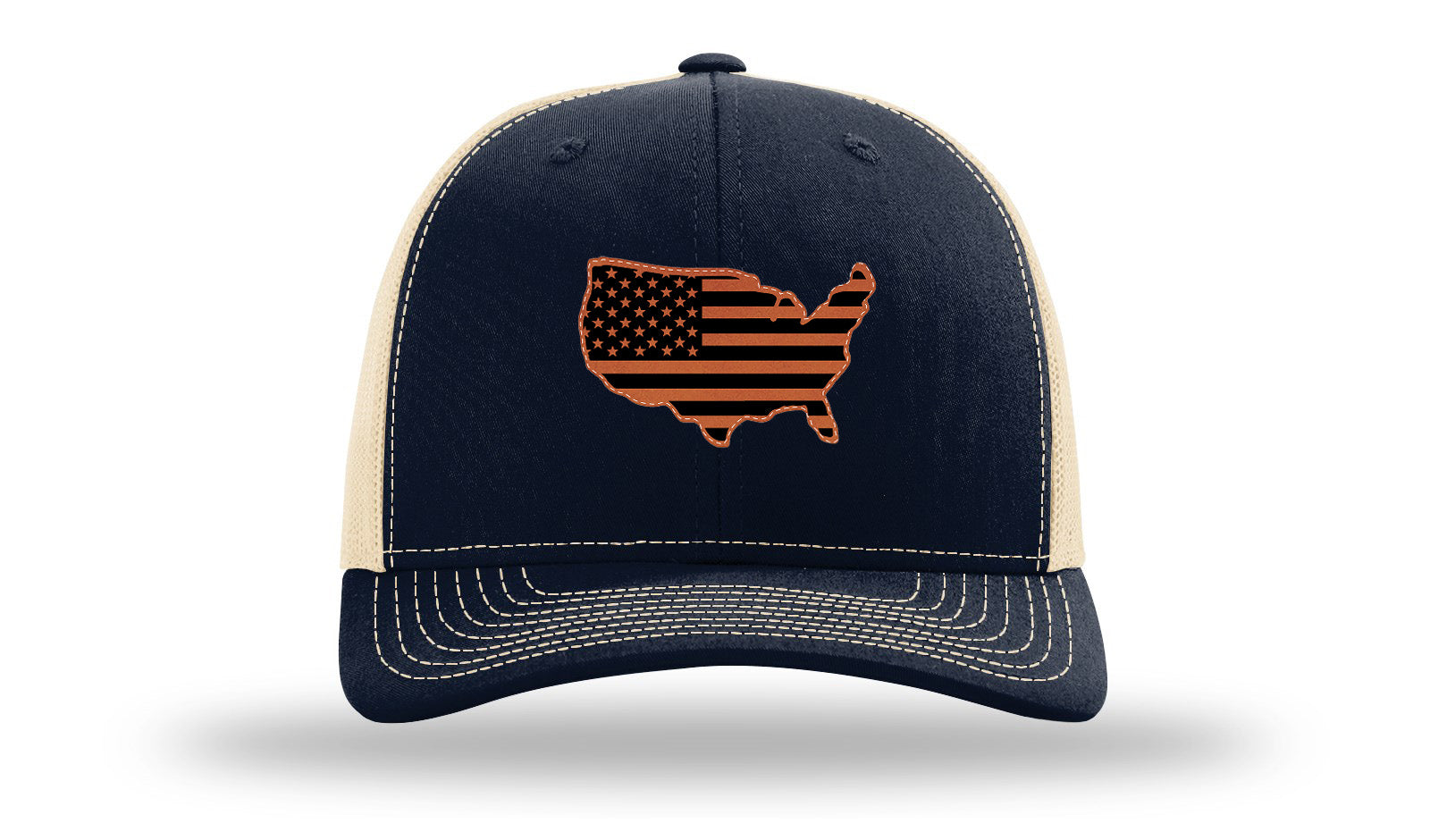 USA Flag Cutout Leather Patch Richardson 112 Hat-Navy /  Khaki