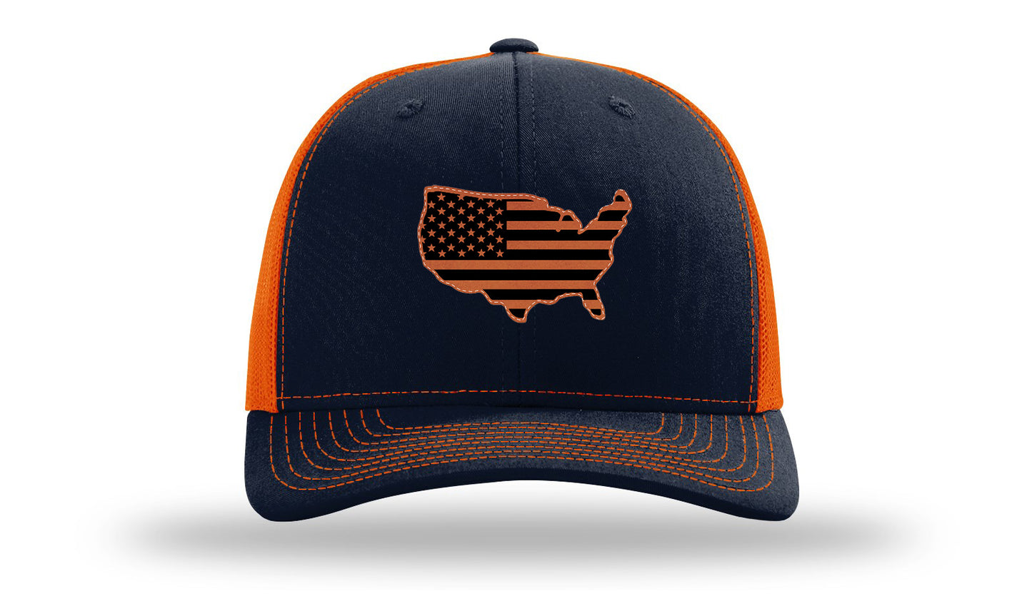 USA Flag Cutout Leather Patch Richardson 112 Hat-Navy / Orange