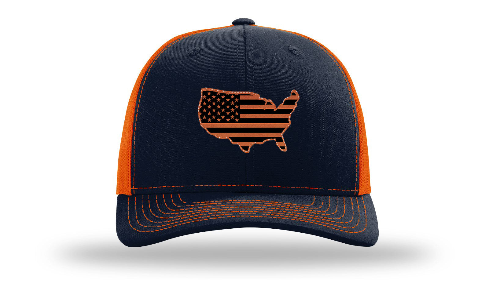 USA Flag Cutout Leather Patch Richardson 112 Hat-Navy / Orange