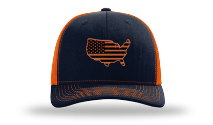 USA Flag Cutout Leather Patch Richardson 112 Hat-Navy / Orange