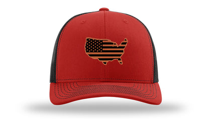 USA Flag Cutout Leather Patch Richardson 112 Hat-Red / Black