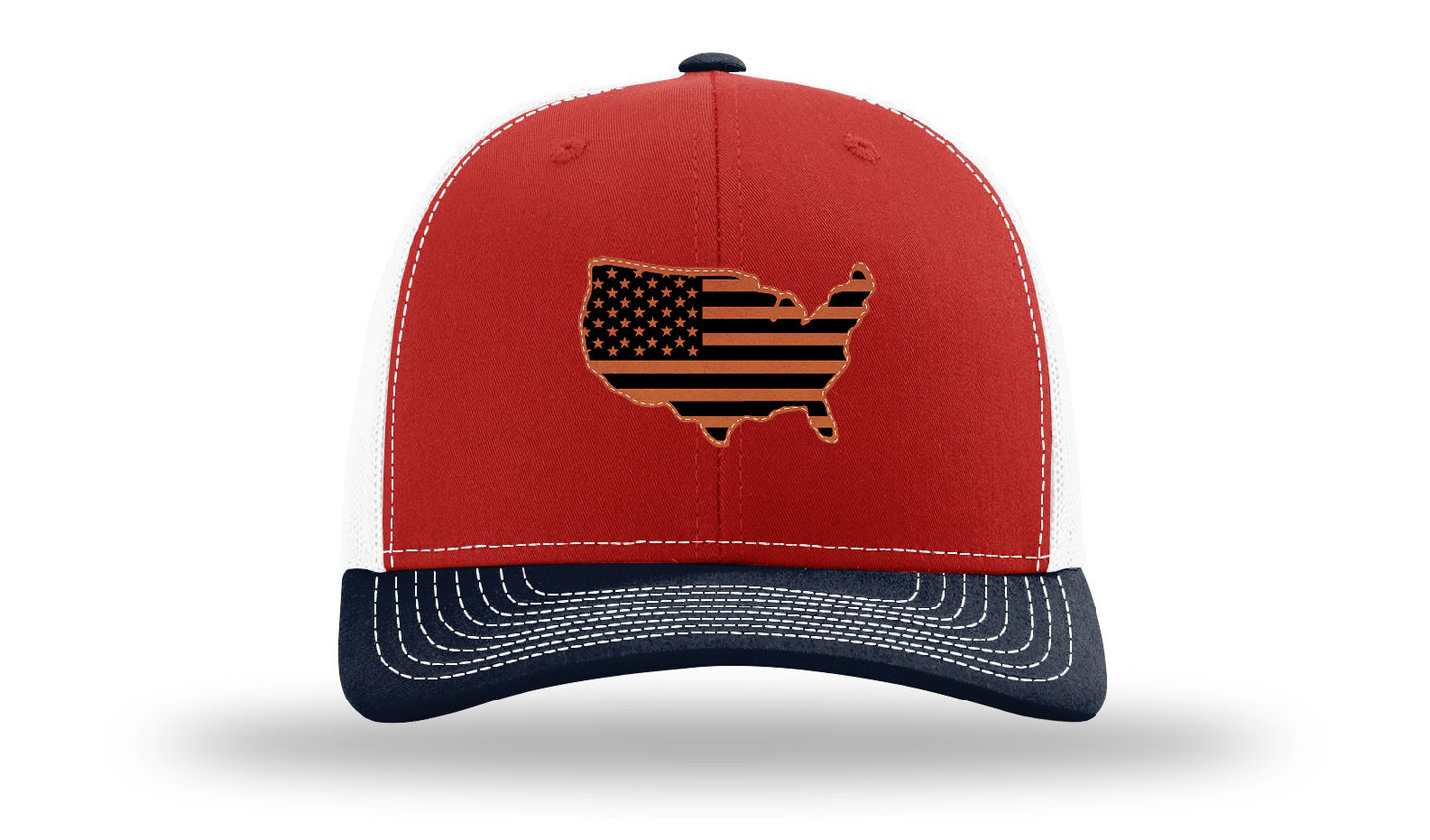USA Flag Cutout Leather Patch Richardson 112 Hat-Maronn / White